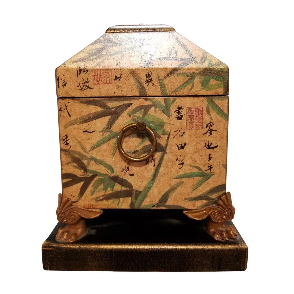Vintage Wooden Jewelry Box with Asian Bamboo Detail Design Claw Feet on Base
